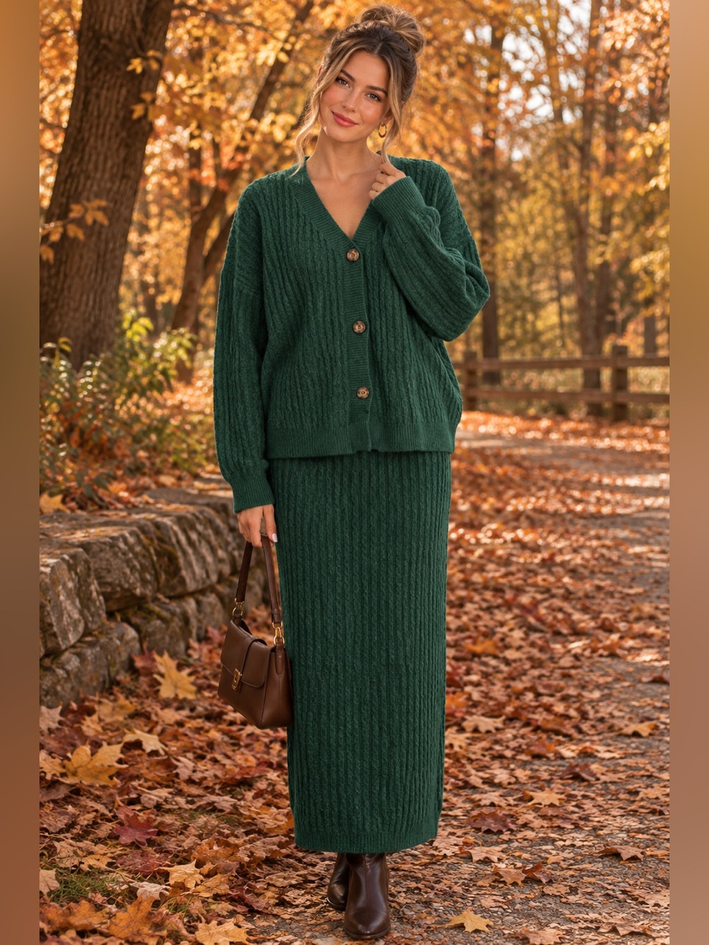 2pc Set Cable Knit Maxi Skirt and sweater in Deep Green